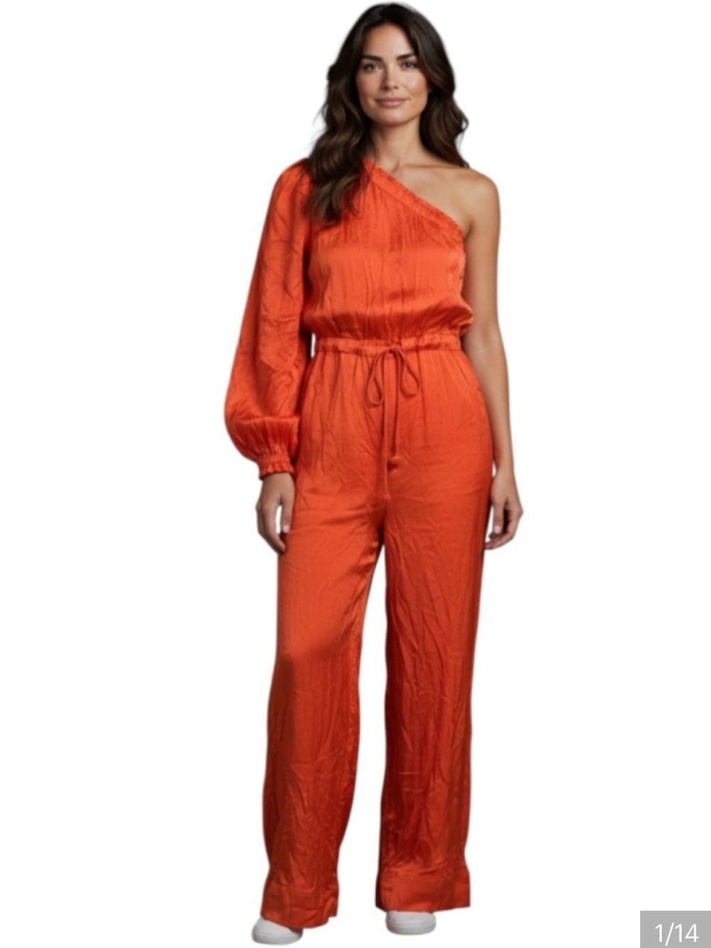 Farm Rio Orange Satin One Shoulder Wide Leg Jumpsuit Womens XL